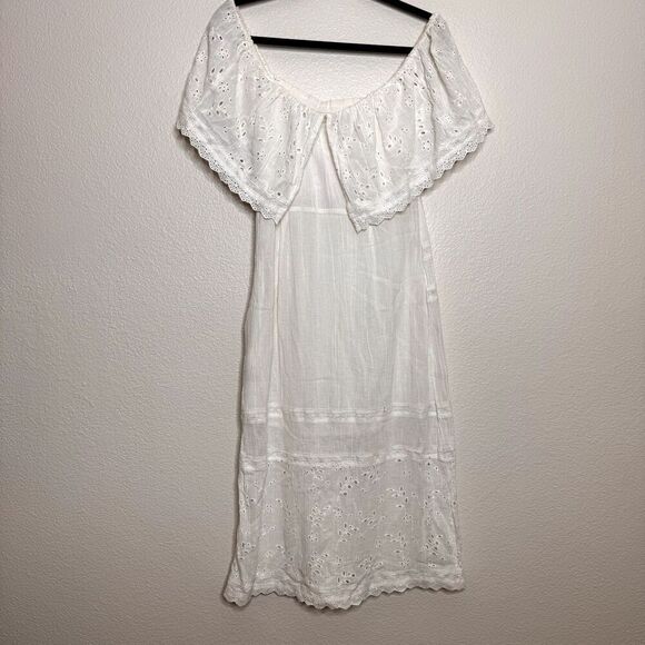 Free People Off Shoulder Dress Medium Ivory Cottagecore Prairie Indie Midi Eyele - Picture 14 of 15